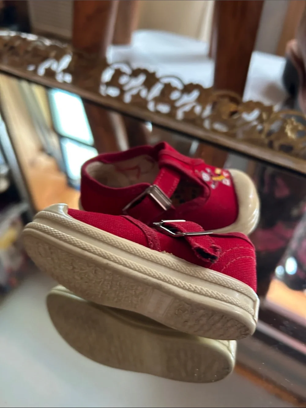 Vintage Red T‑Strap Canvas Baby Shoes with Cartoon Block Motif